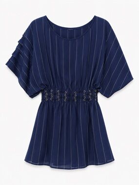 Tularosa Blue Pinstripe Grommet Waist Pleated Dress Size S NWT
